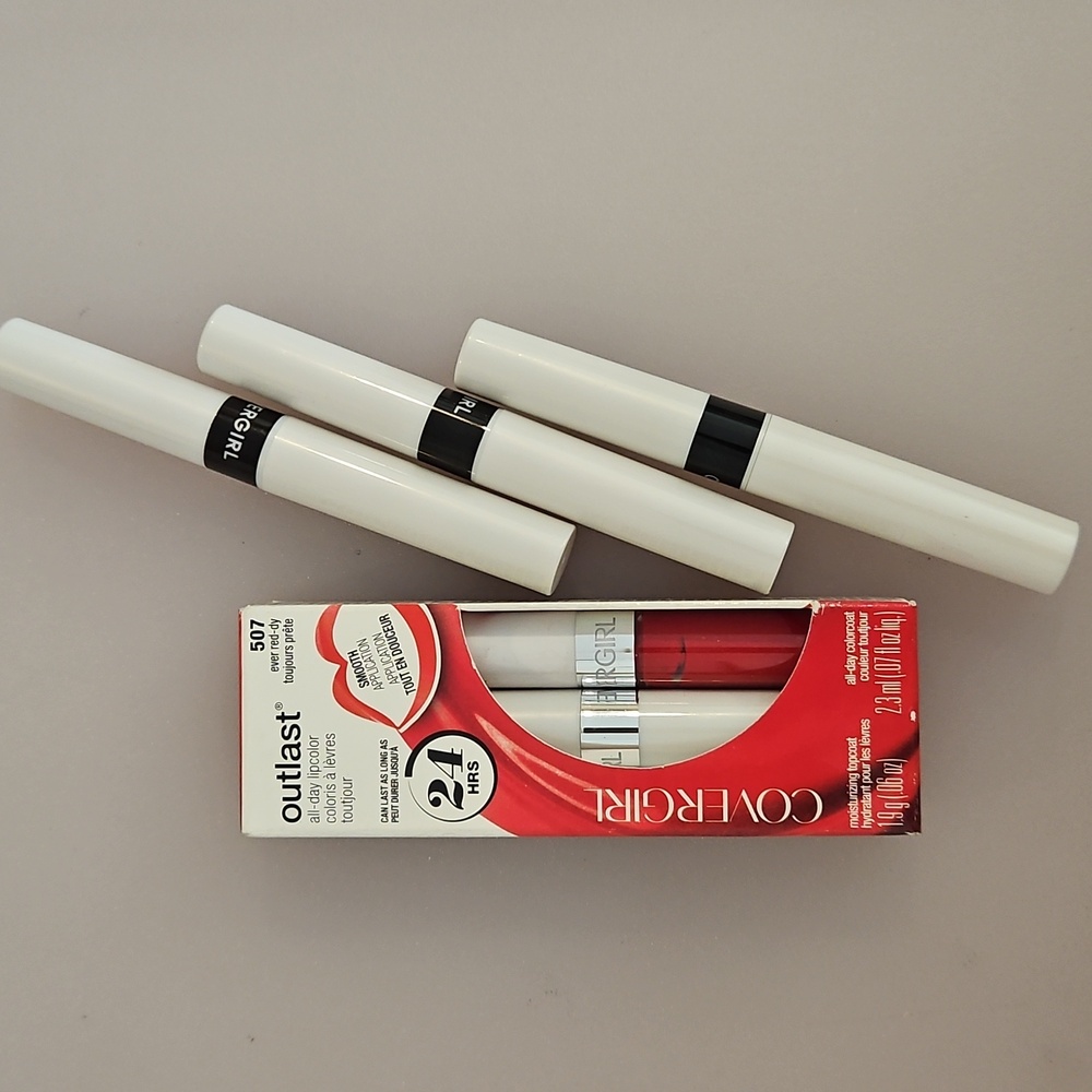 Cover Girl all day out last lip color #507 EVER RED-DY plus 3 Extra Lip Balm
